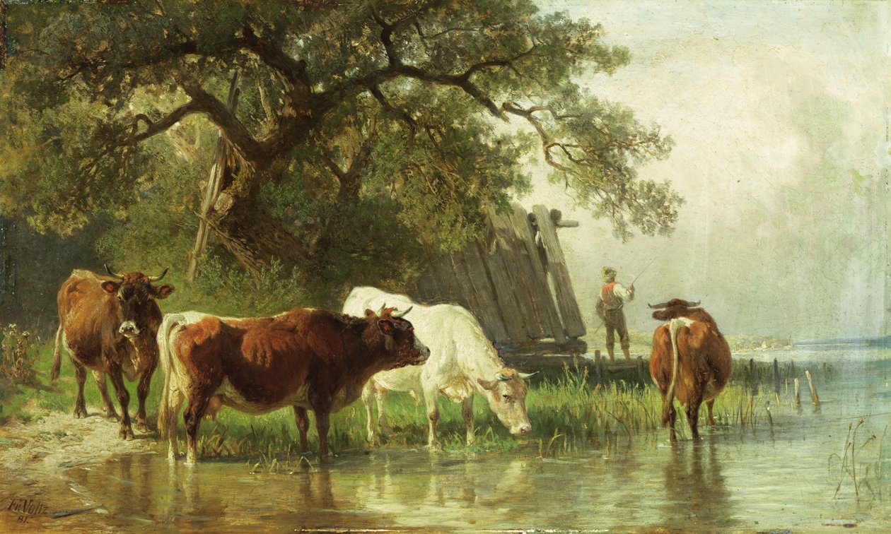 Storfevanning i et elvelandskap, 1800-tallet av Friedrich Johann Voltz