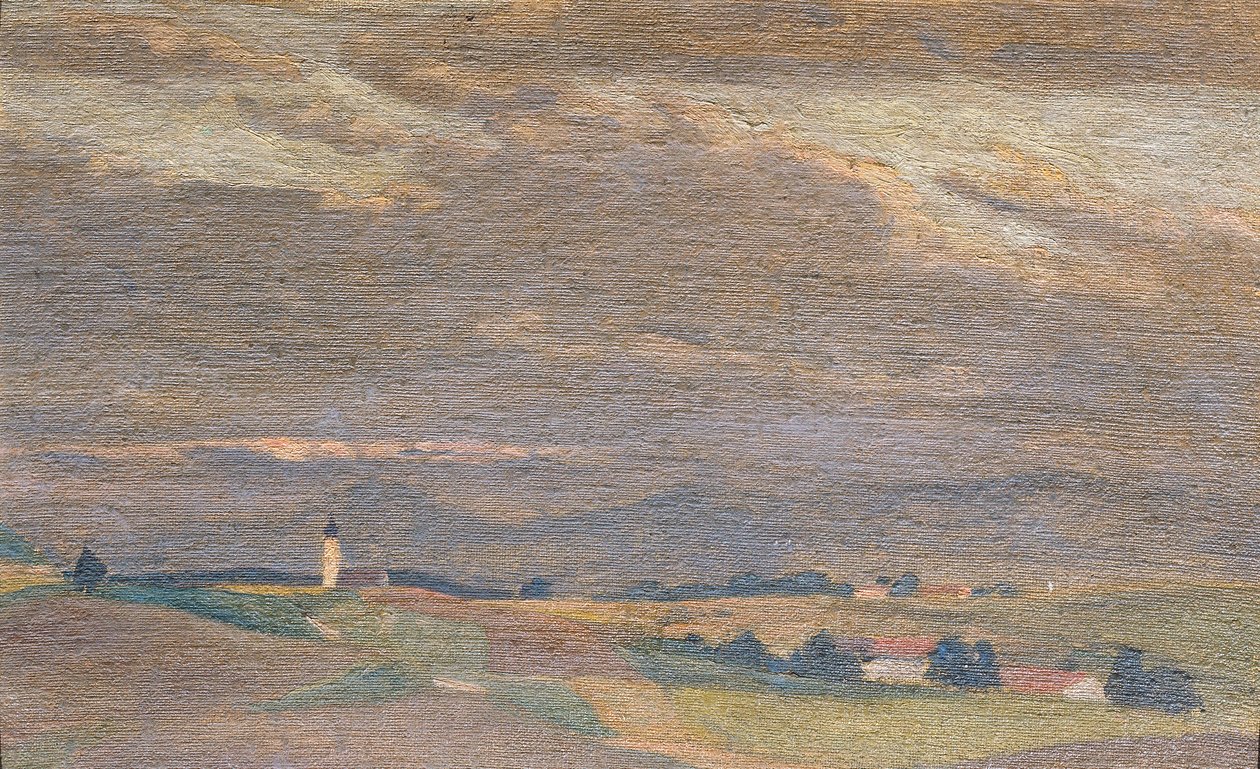 Kveldslandskap med kirketårn av Friedrich Hasslwander