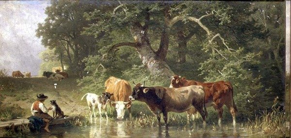 Storfe vanning ved en skogsdam av Friedrich Johann Voltz
