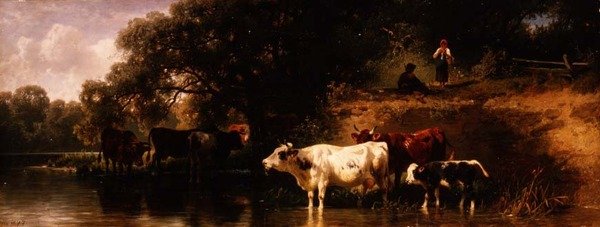 Storfe vanning i et skogkledd landskap av Friedrich Johann Voltz