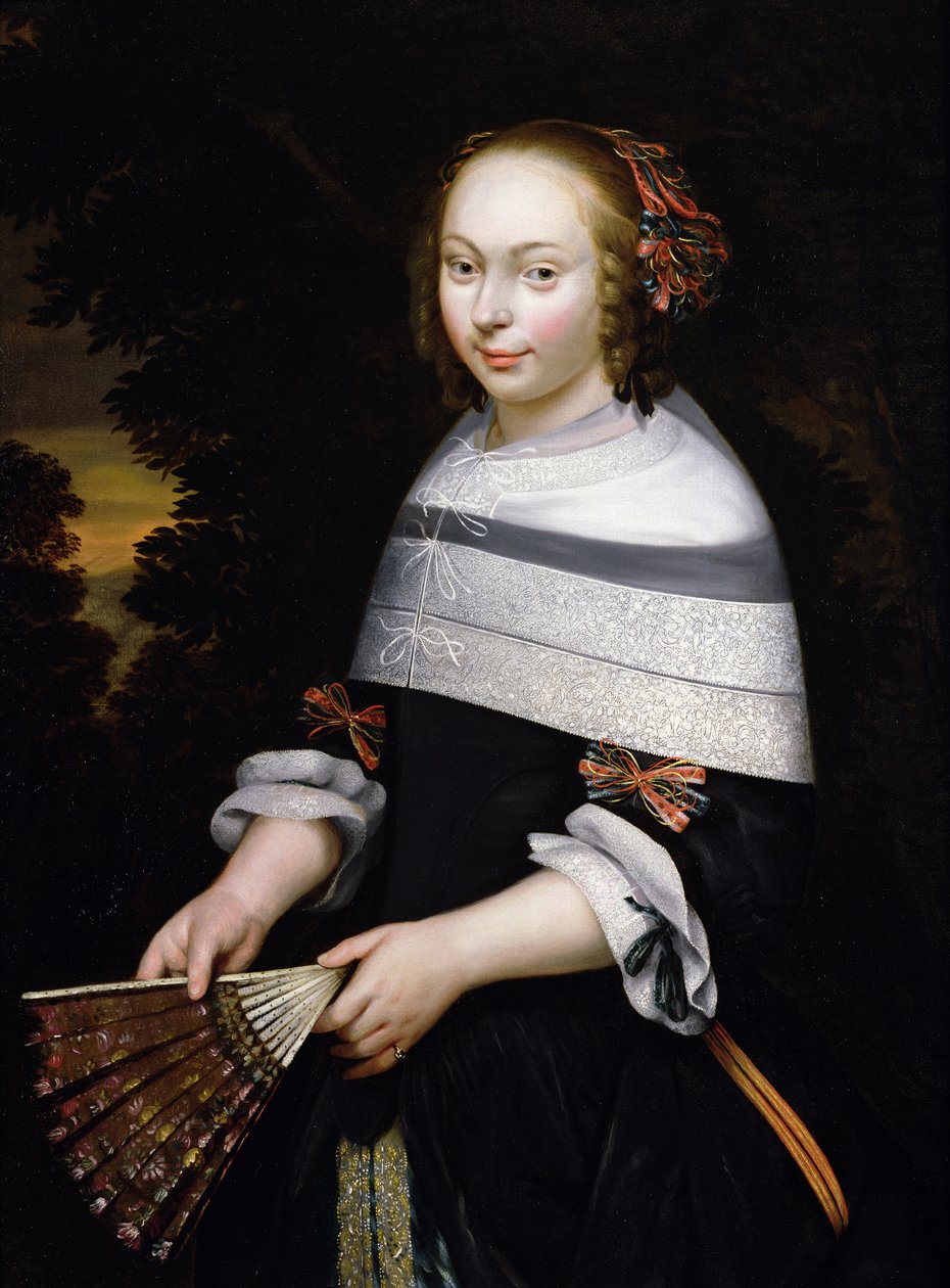Et portrett av en ung jente som holder en vifte, et landskap bortenfor, ca. 1650 av Friesian School