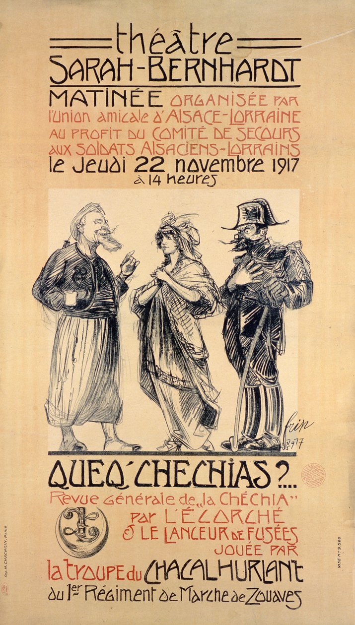 Plakat som annonserer en Benefit Matinée-forestilling på Sarah Bernhardt Theatre, Paris, for å hjelpe soldater fra Alsace-Lorraine, 1917 av Frip