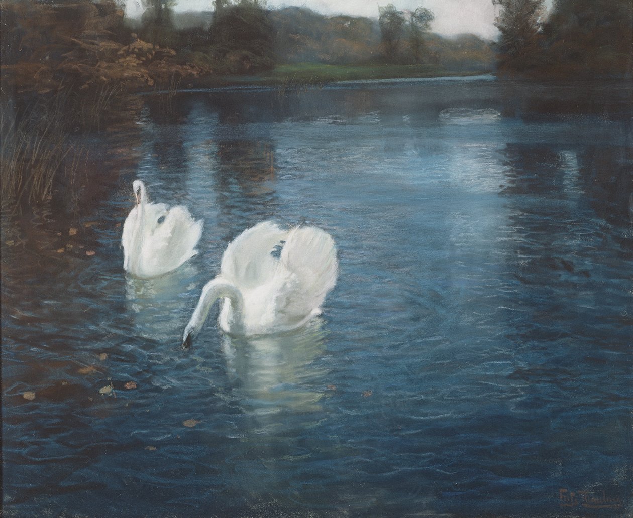 Swans on the river, ca. 1880 (kritt på papir) av Frits Thaulow