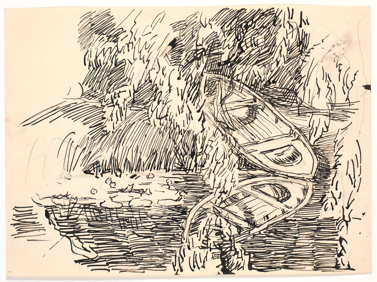 Et skogsvann med to robåter av Fritz Syberg