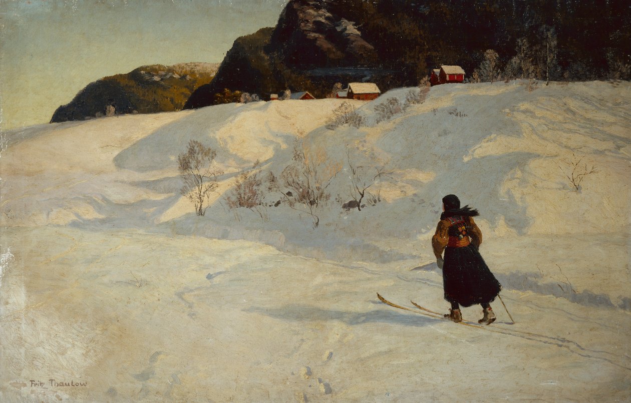 Vinterscene med en skiløper av Fritz Thaulow