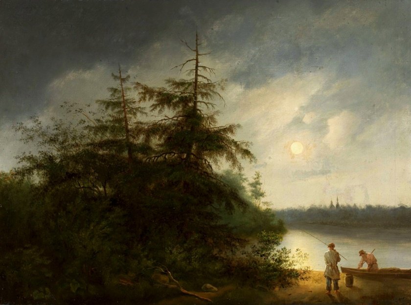 Nattlig landskap med fiskere. av Fyodor Alekseyev