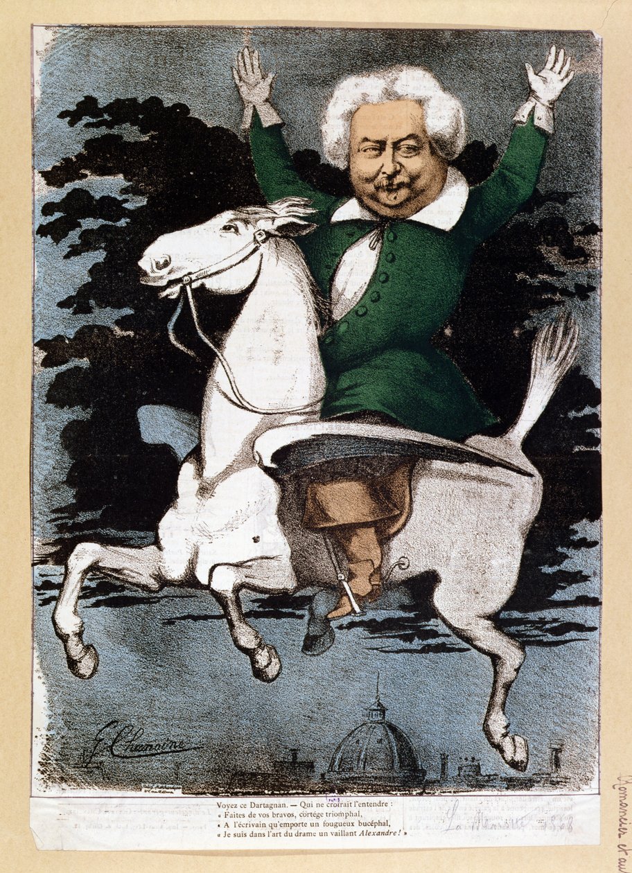 Karikatur av Alexandre Dumas pere (1803-70) som musketer, illustrasjon fra La Marotte, 1868 av G. Chanoine