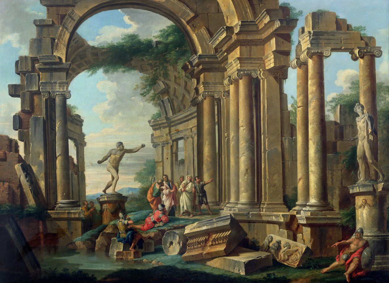 En arkitektonisk Capriccio med statuer av krigeren Agasias og Apollo Belvedere av Giovanni Paolo Pannini