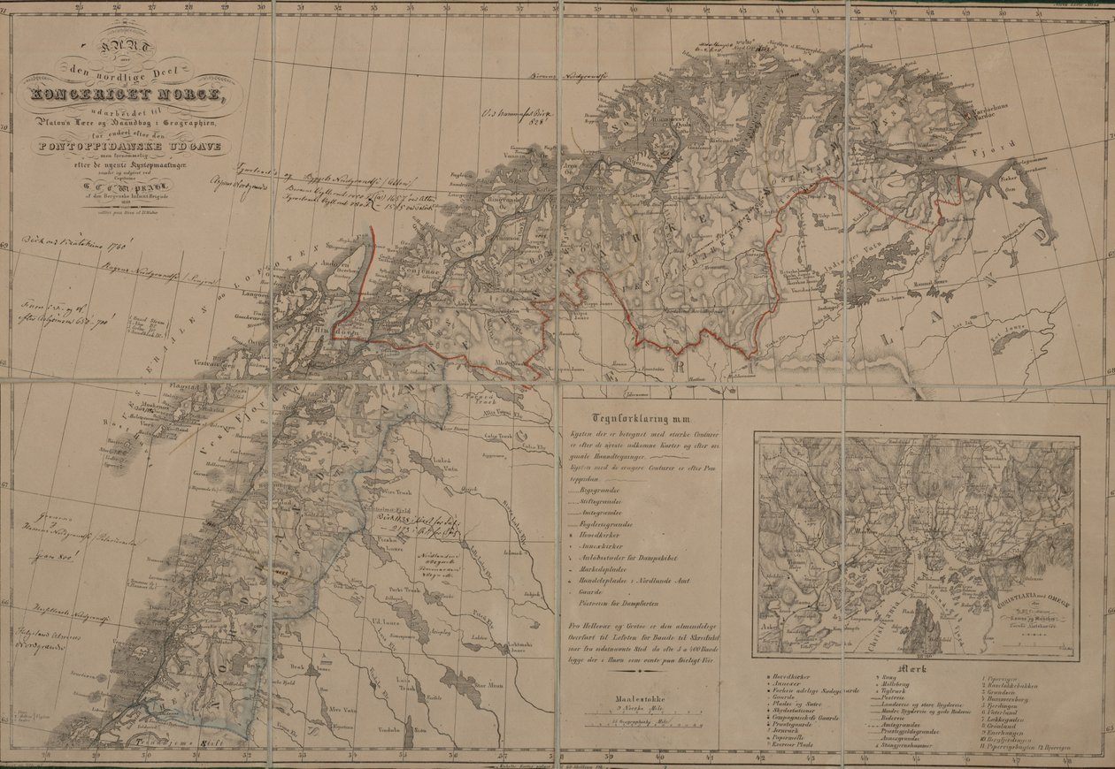 Kart fra Nasjonalbibliotekets kartsamling. Kartet er gitt ut i Bergen (1839) og viser Nord-Norge av G Prahl