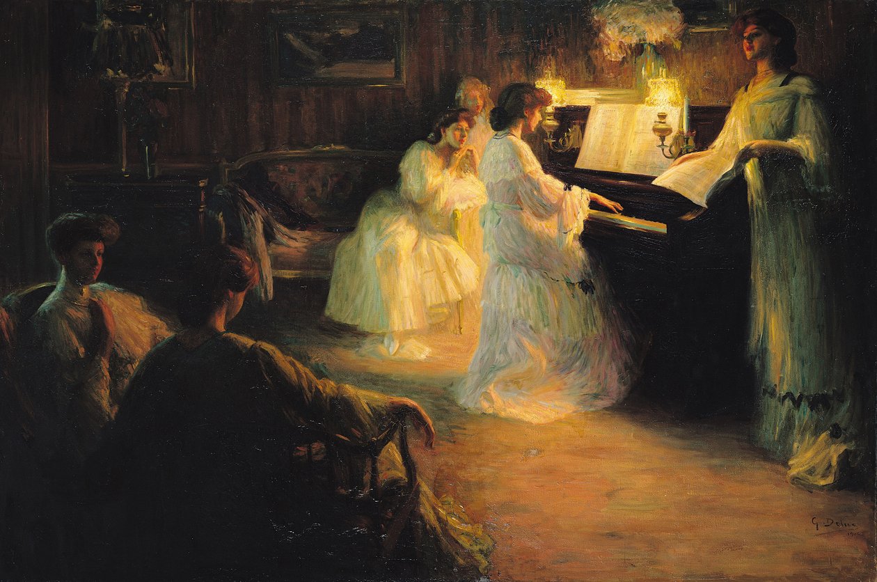 Unge jenter ved et piano, 1906 av Gabriel Deluc