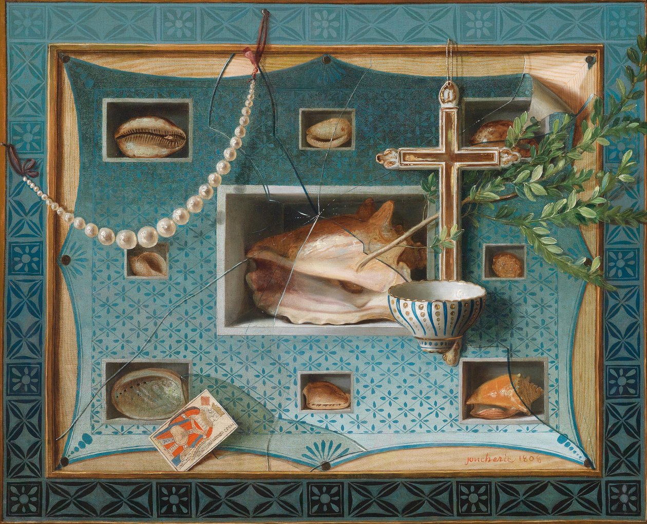 Trompe-L’oeil stilleben med kunstkammerobjekter av Gabriel Germain Joncherie