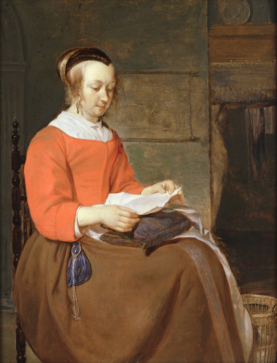 En ung kvinne sitter i et interiør og leser et brev av Gabriel Metsu