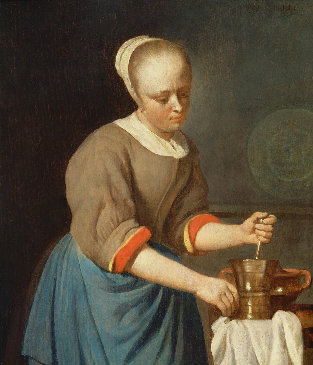 Ung jente med en morter og en morter av Gabriel Metsu