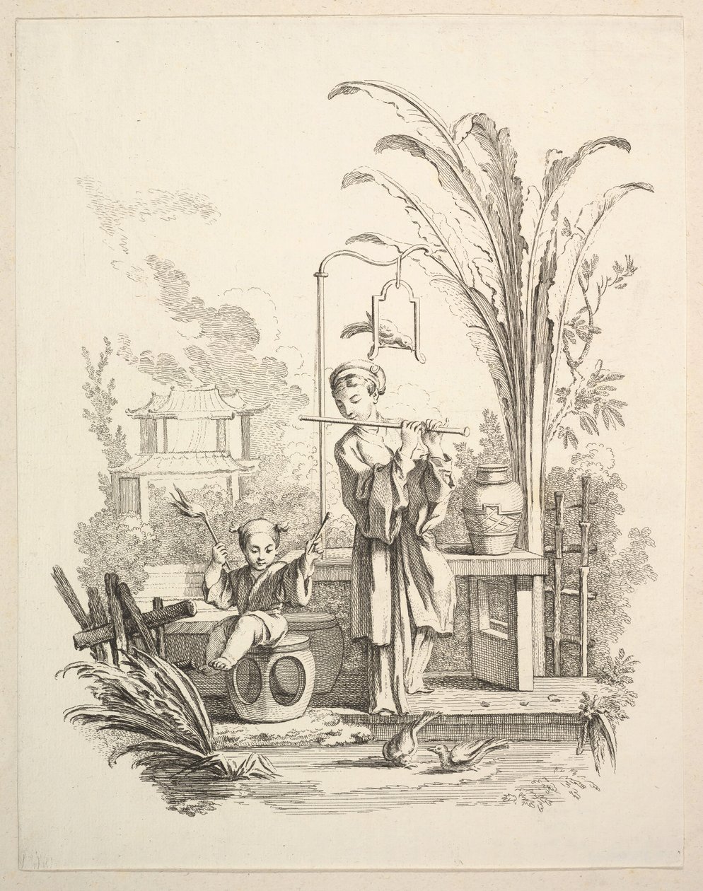 Fløytist og en barnepaukist, ca. 1742. av Gabriel Huquier