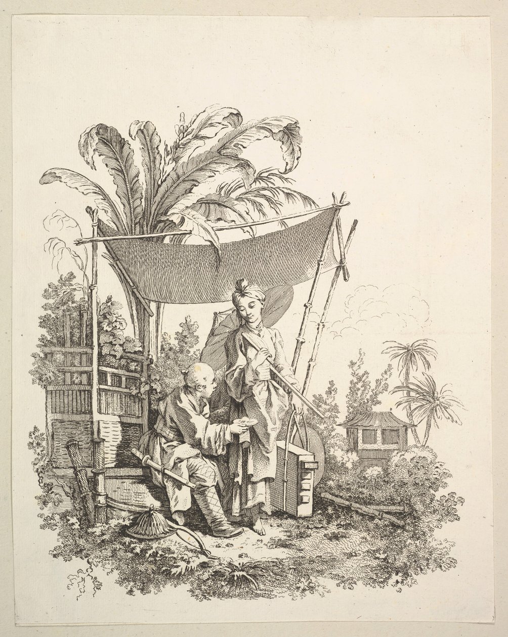 Kvinne som viser nysgjerrigheter til soldat, ca. 1742. av Gabriel Huquier