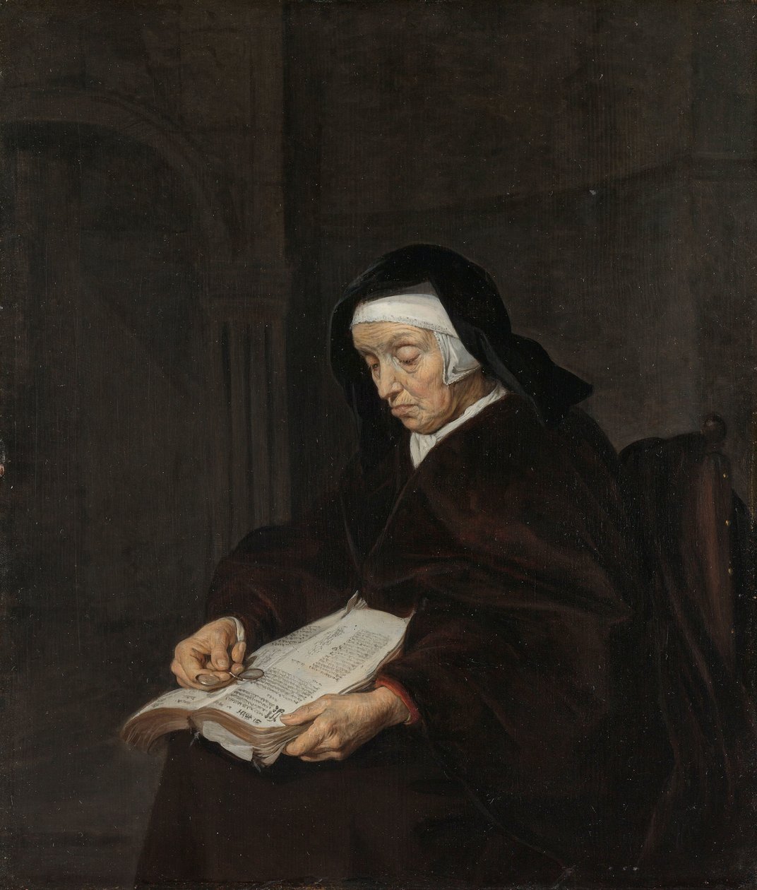 Gammel kvinne som mediterer av Gabriel Metsu