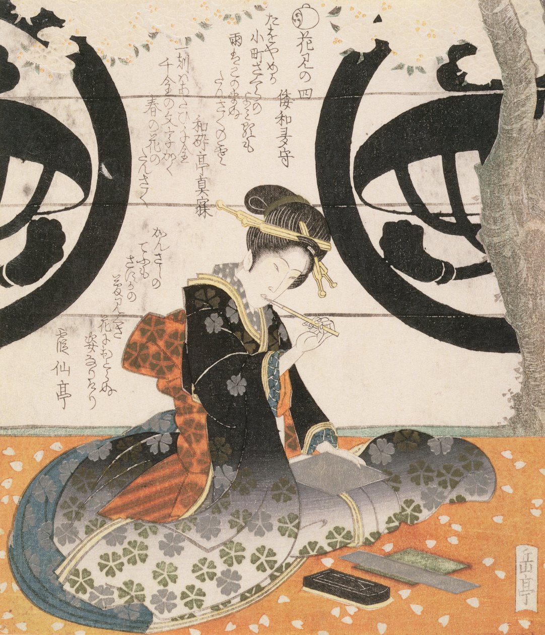 Beauty Viewing Flowers (treblokktrykk i farger) av Gakutei Harunobu