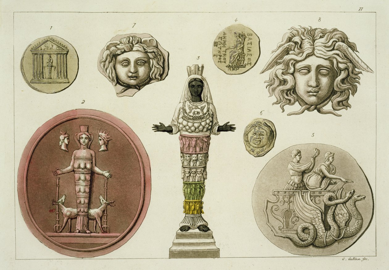 Gresk statue og mynter, plate 77 fra 