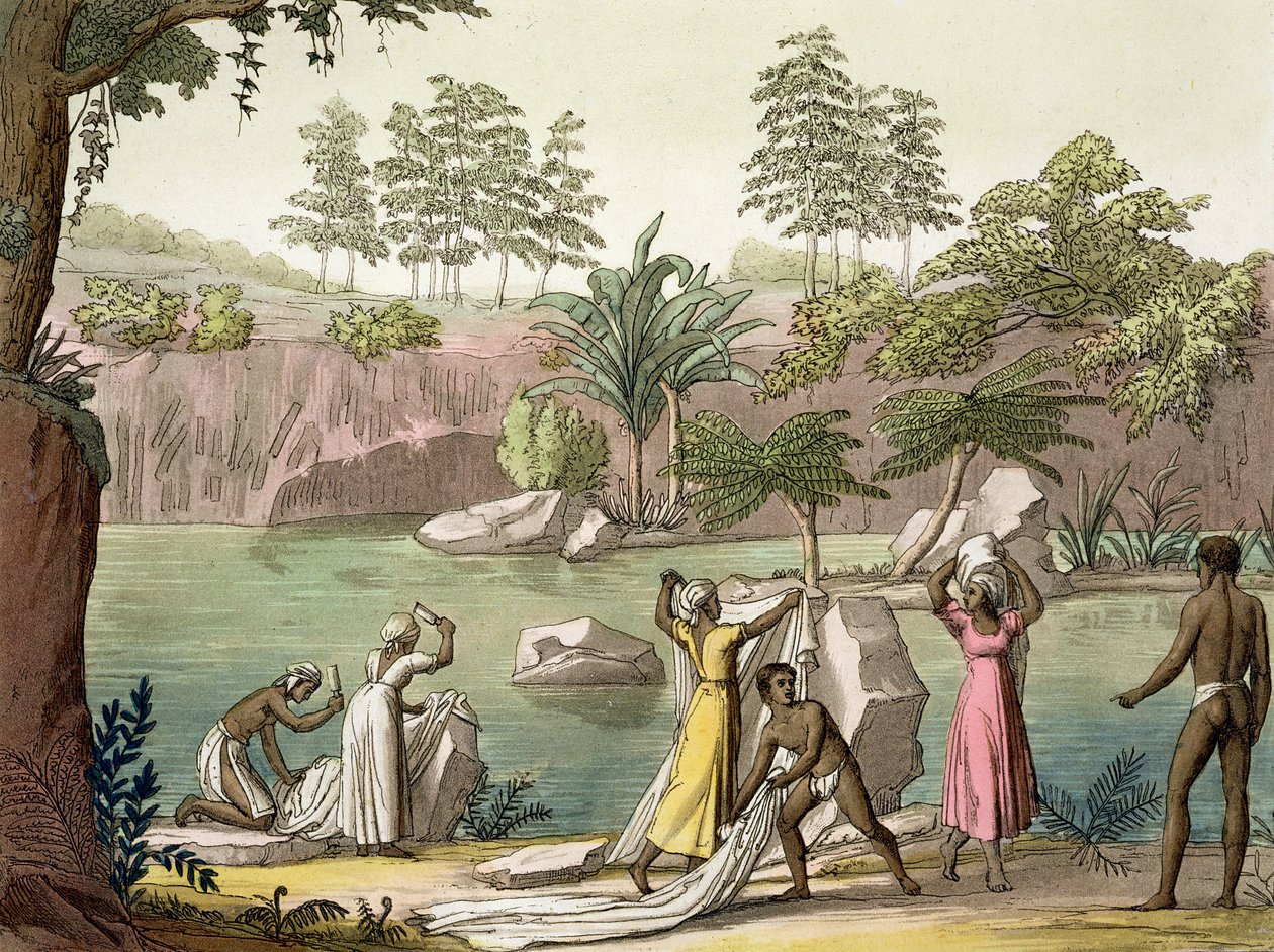 Elv nær San Benedetto, Madagaskar, plate 81 fra 'Le Costume Ancien et Moderne' av Jules Ferrario, utgitt ca. 1820-30-tallet av Gallo Gallina