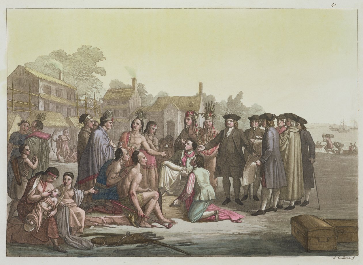 William Penn forhandler om traktaten som førte til grunnleggelsen av Pennsylvania, fra 'Le Costume Ancien et Moderne', bind I, plate 41, av Jules Ferrario, publisert ca. 1820-30-tallet (fargegravering) av Gallo Gallina