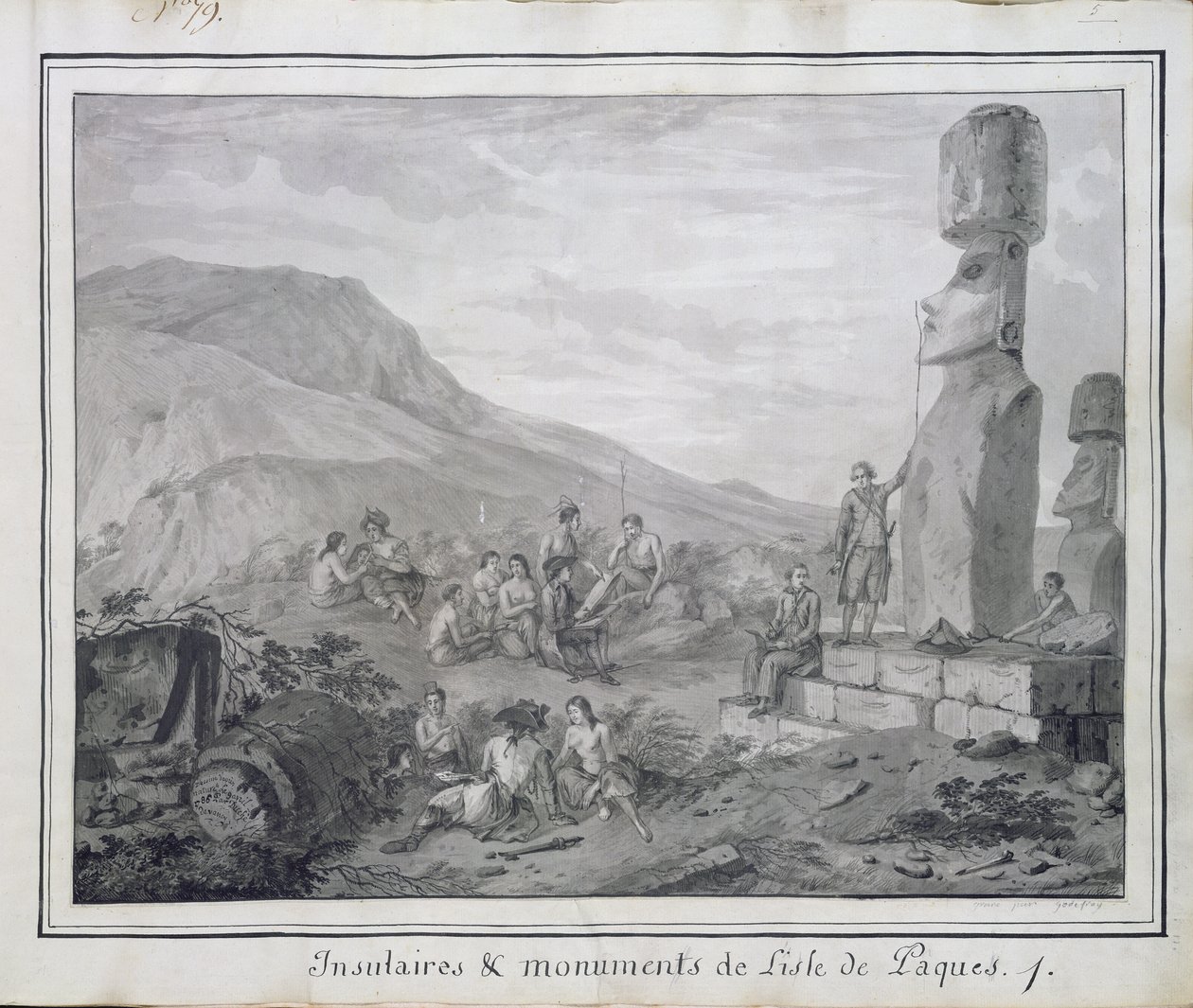 Islanders and Monuments of Easter Island, 1786 (wc og blekk på papir) (se også BAL 72648) av Gaspard Duche de Vancy