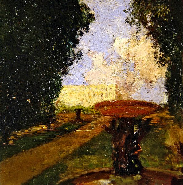 Hagescene (olje på panel) av Gaston de la Touche