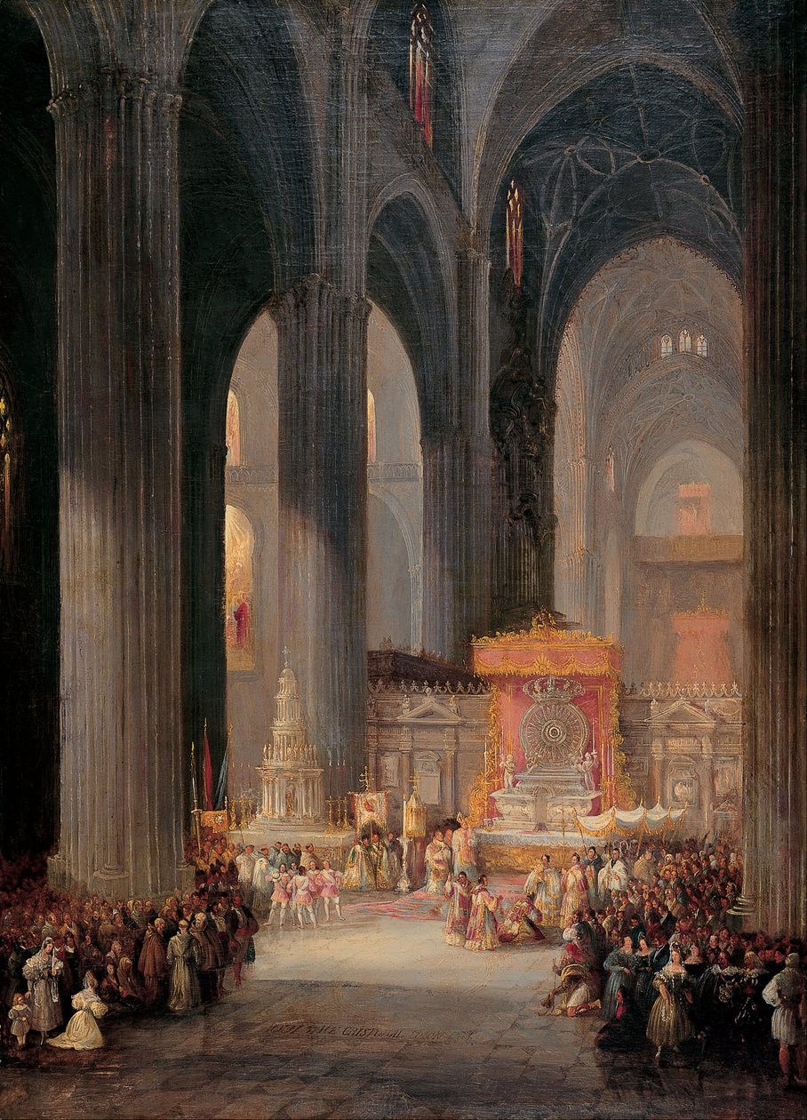 Corpus Christi -prosesjonen inne i katedralen i Sevilla av Genaro Pérez Villaamil
