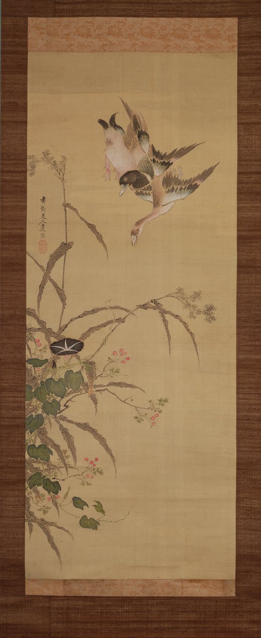 Ender, blomster og gress, ca. 1800-22 (blekk og farger på silke) av Gentai Sanjin