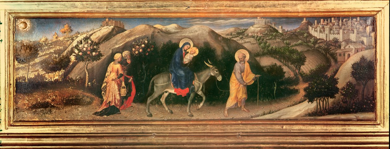 Tilbedelse av Magi-altertavlen, sentral predella Flight into Egypt, 1423 (tempera på panel) av Gentile da Fabriano