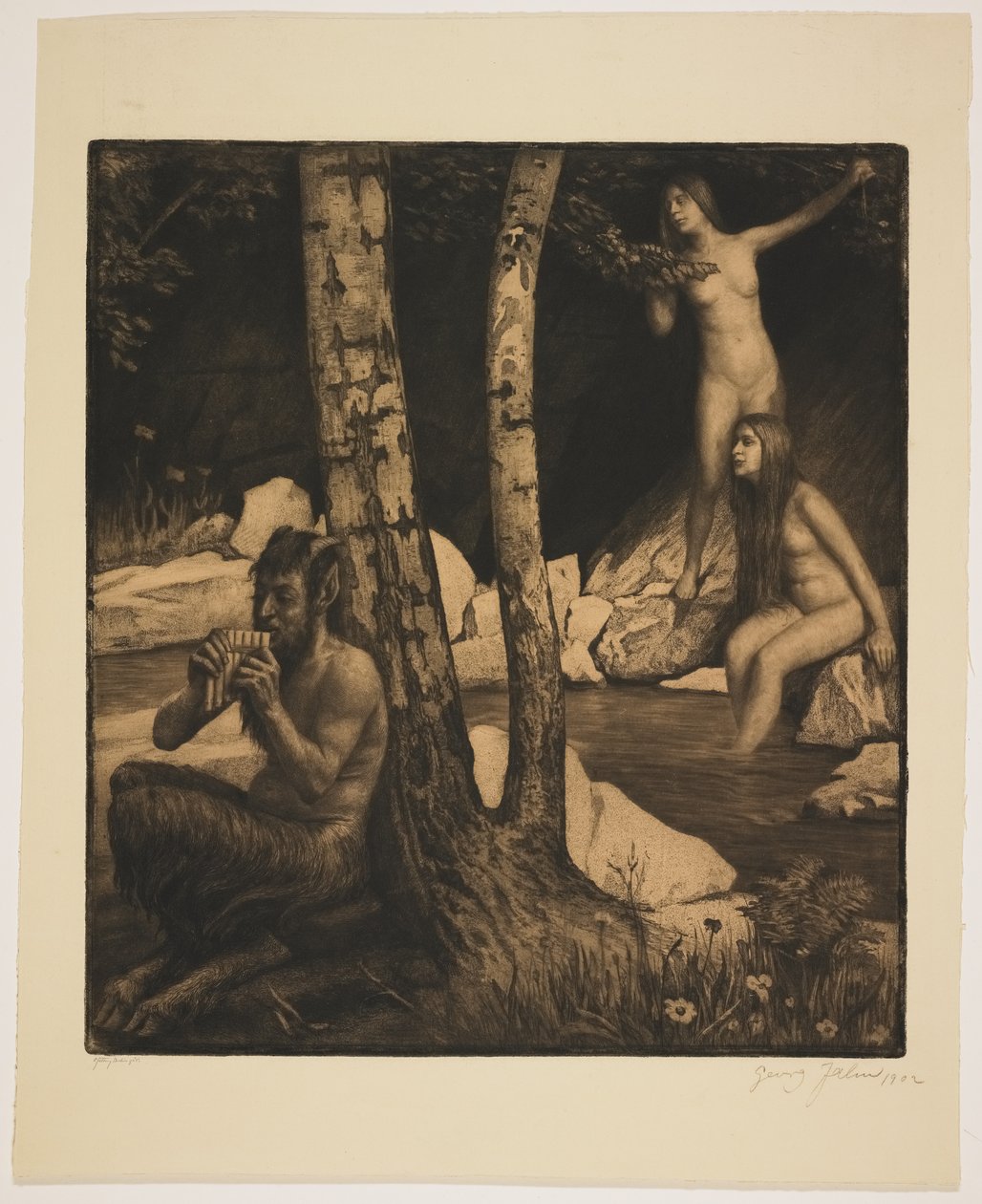Flötender Faun (etsing og mezzotint) av Georg Jahn