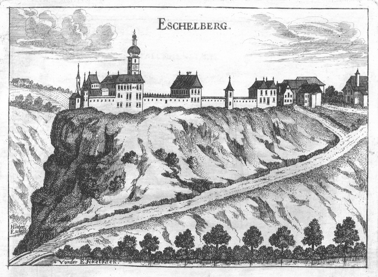 Gravering, utsikt over Eschelberg slott av Georg Matthäus  Vischer