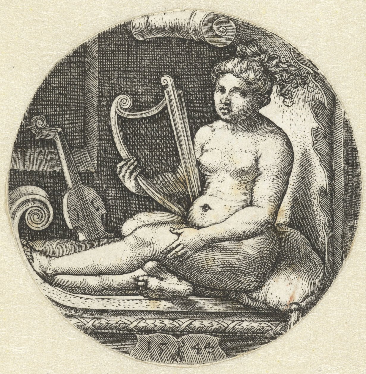Sittende naken kvinne med en harpe harpespiller av Georg Pencz