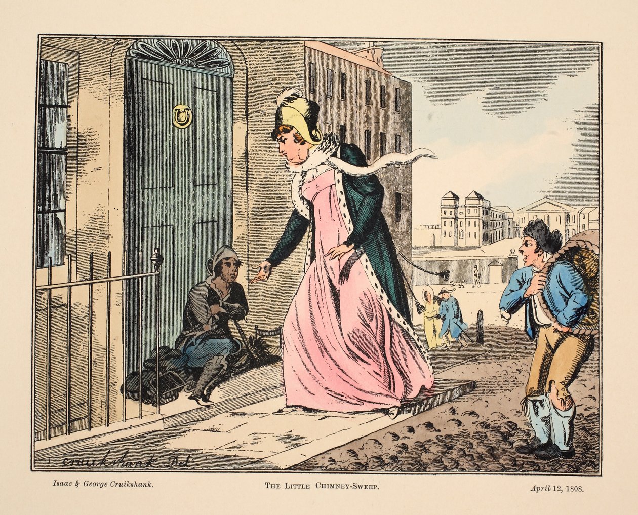 The Little Chimney-Sweep, pub. 1808 (håndfarget gravering) av Isaac, Robert and George Cruikshank