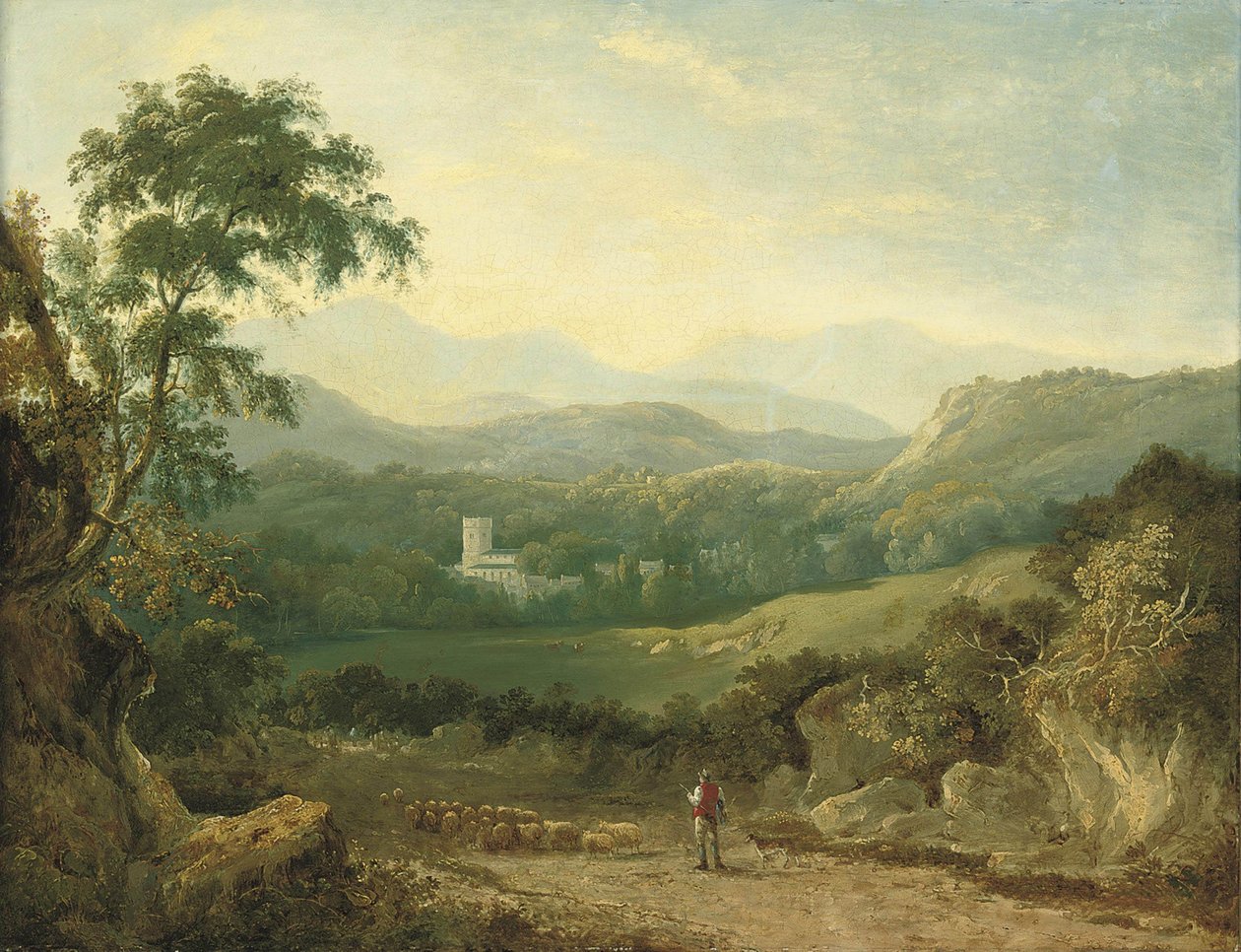 Et fjellaktig landskap nær Porthmadog, med en gjeter, flokken hans og en collie i en kjørefelt, en reisende i det fjerne, kyr i en dal og en landsby utenfor av George Barret