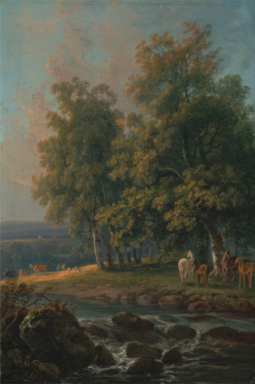 Hester og storfe ved en elv av George Barret