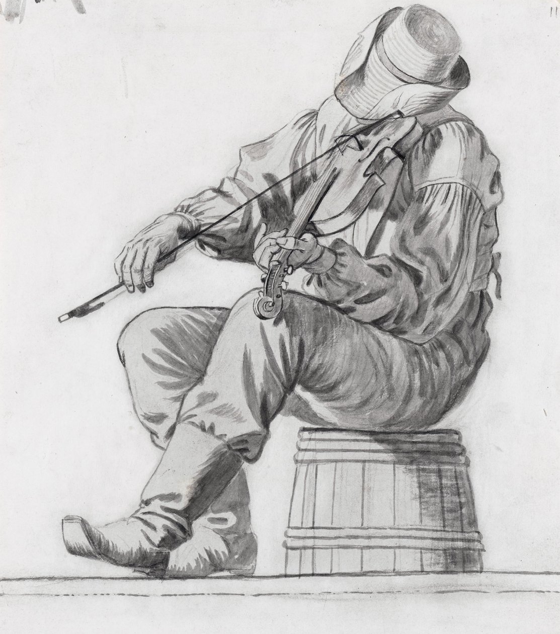 Fiddler (studie for The Jolly Flatboatmen) (recto) av George Caleb Bingham