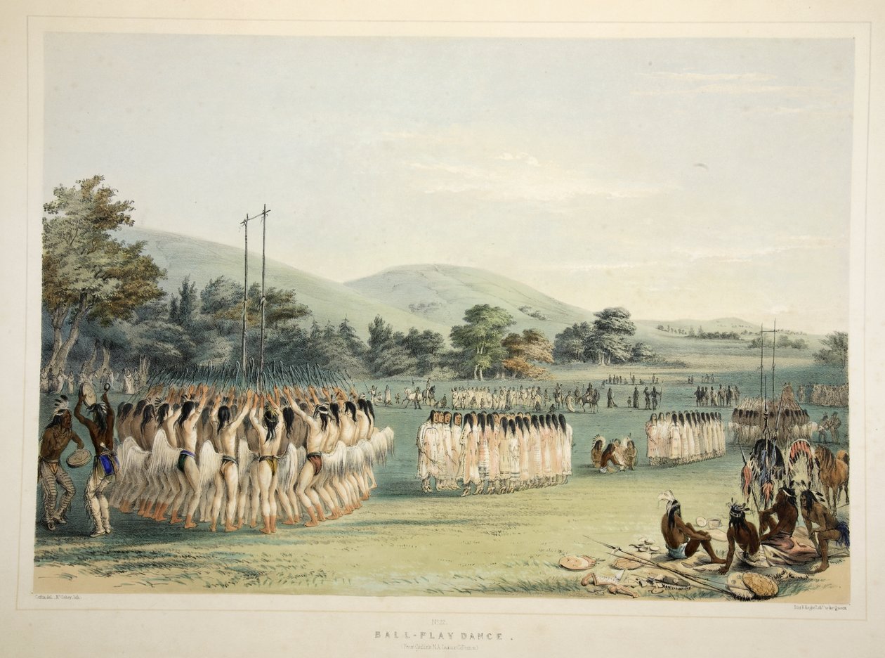 Ball-Player Dance, fra Catlins North American Indian Portfolio. Jaktscener og fornøyelser i Rocky Mountains og Prairies of America, pub. 1845 av George Catlin