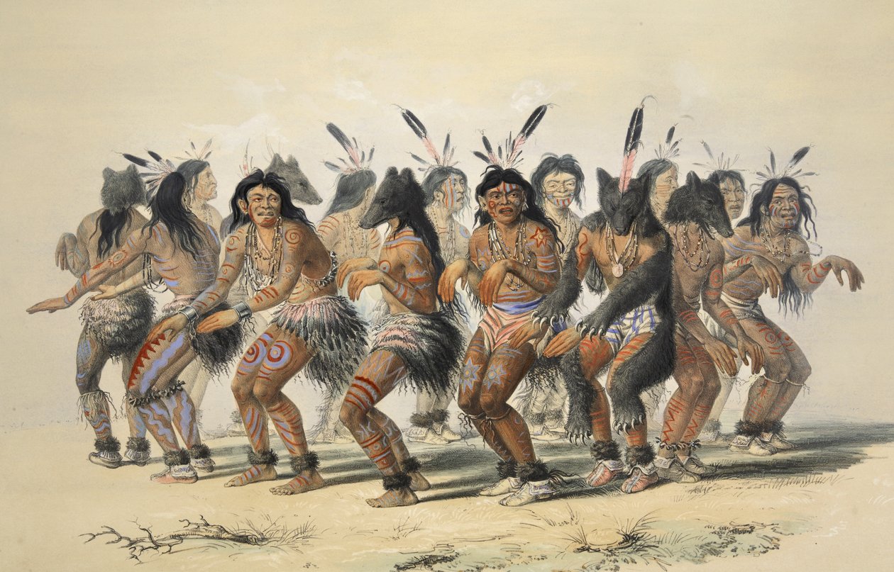 The Bear Dance (detalj), fra Catlins North American Indian Portfolio. Jaktscener og fornøyelser i Rocky Mountains og Prairies of America, pub. 1845 av George Catlin