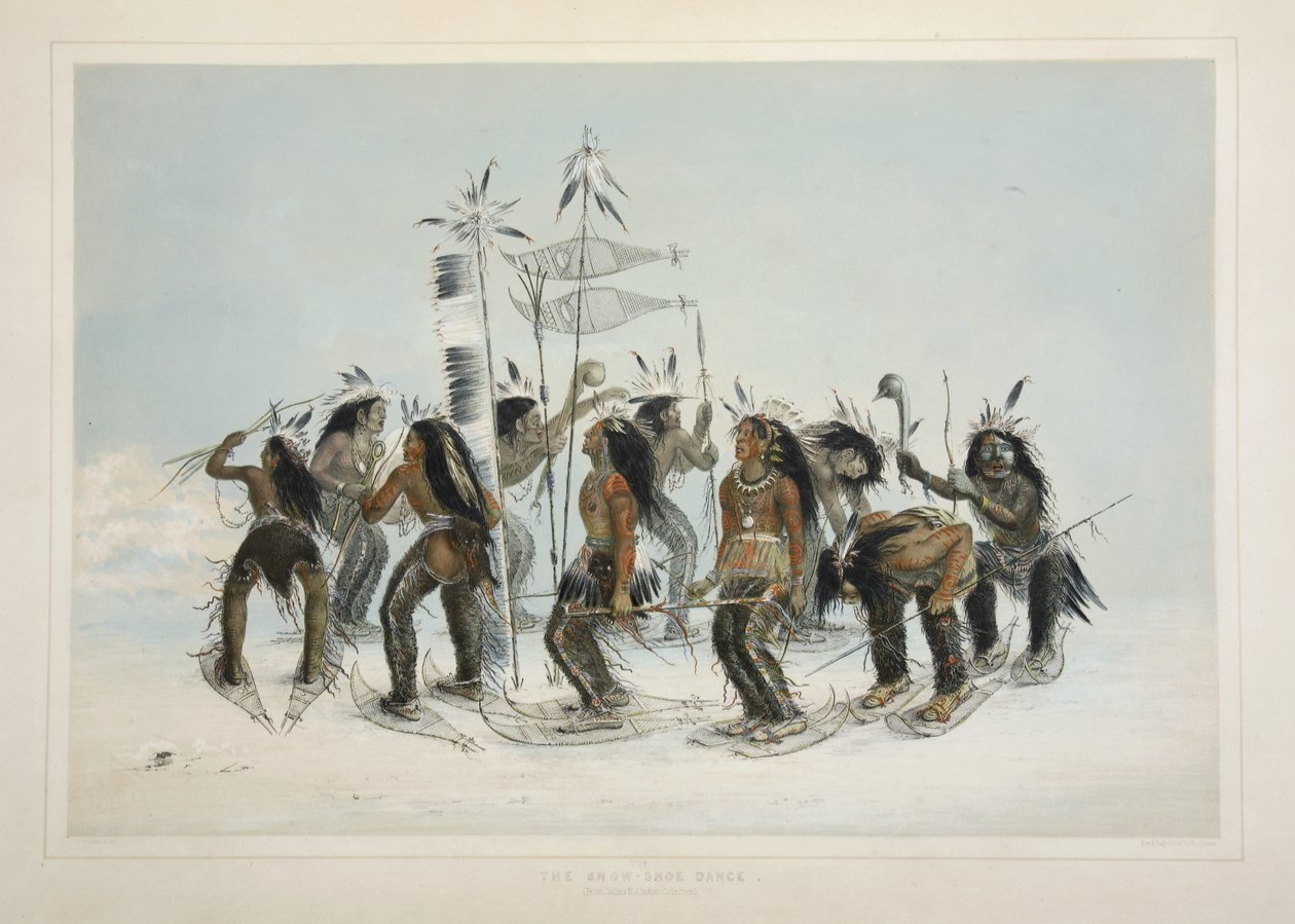 The Snow Shoe Dance, fra Catlins North American Indian Portfolio. Jaktscener og fornøyelser i Rocky Mountains og Prairies of America, pub. 1845 av George Catlin