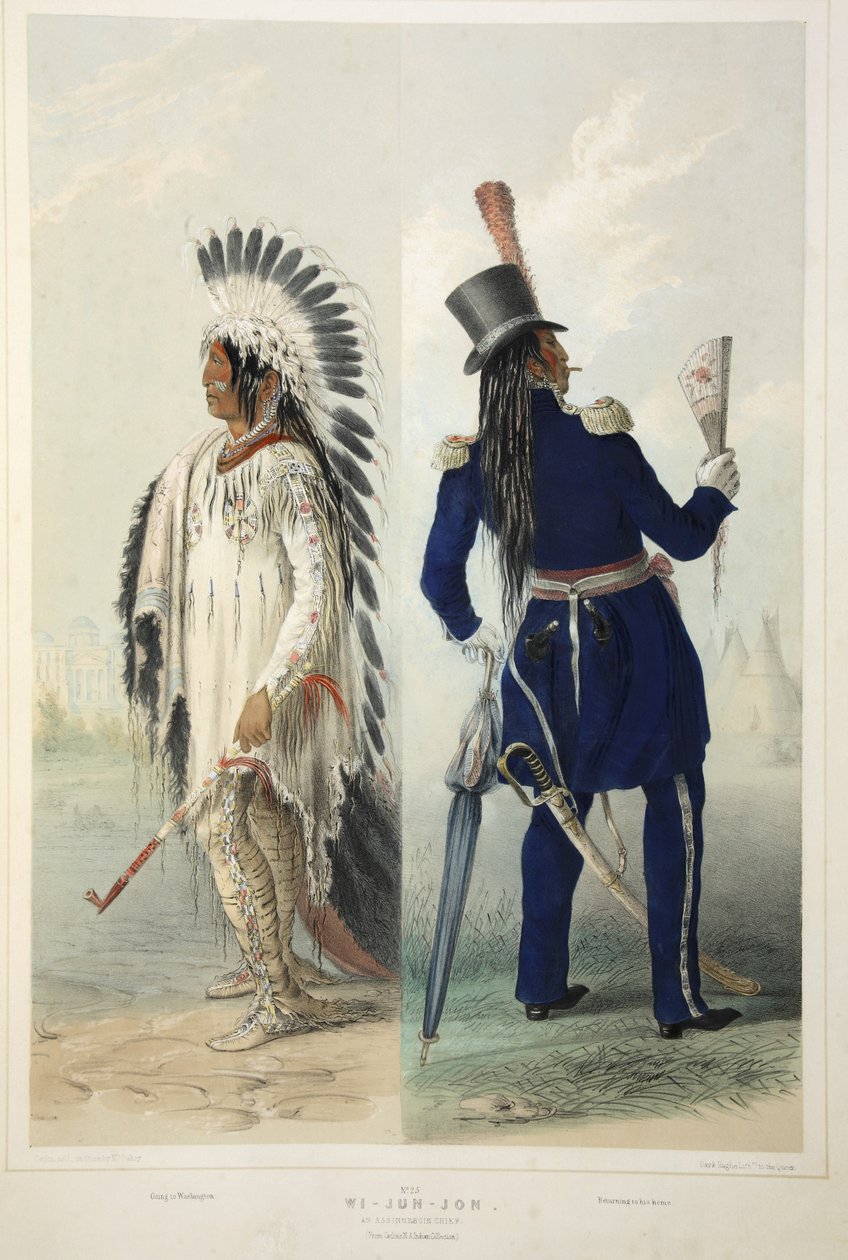 Wi-Jun-Jon, en Assinneboin-sjef, fra Catlins North American Indian Portfolio. Jaktscener og fornøyelser i Rocky Mountains og Prairies of America, pub. 1845 av George Catlin