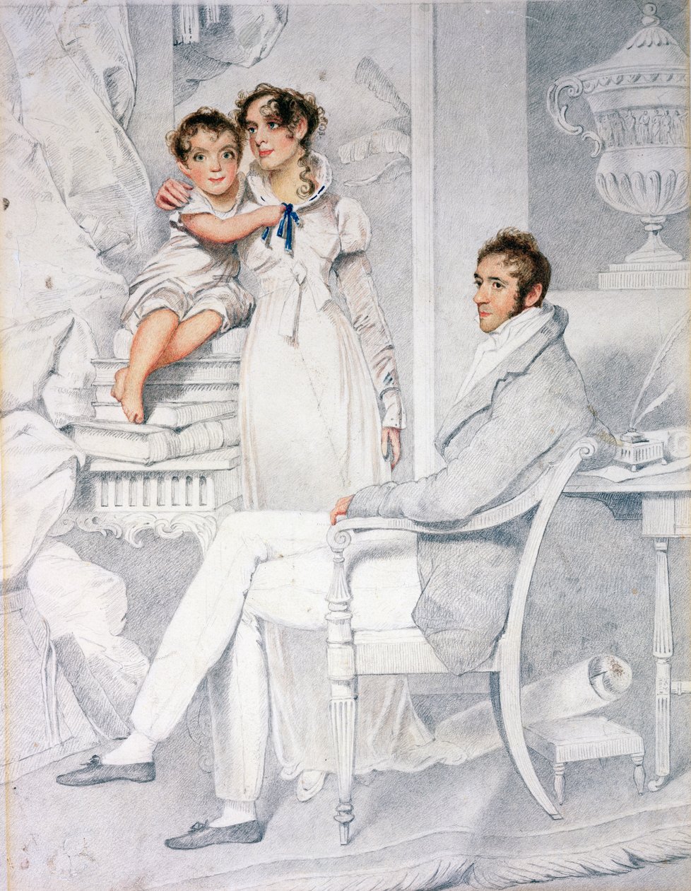 Herr og fru Richmond Thackeray og deres sønn, William Makepeace Thackeray (1811-63) 1814 (blyant og wc på papir) av George Chinnery