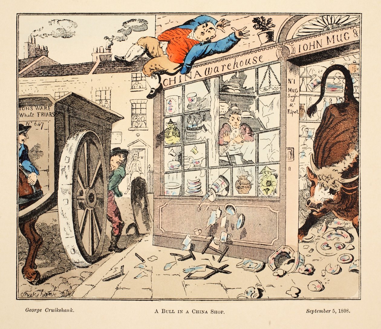 En okse i en kinabutikk, pub. 1808 (håndfarget gravering) av George Cruikshank
