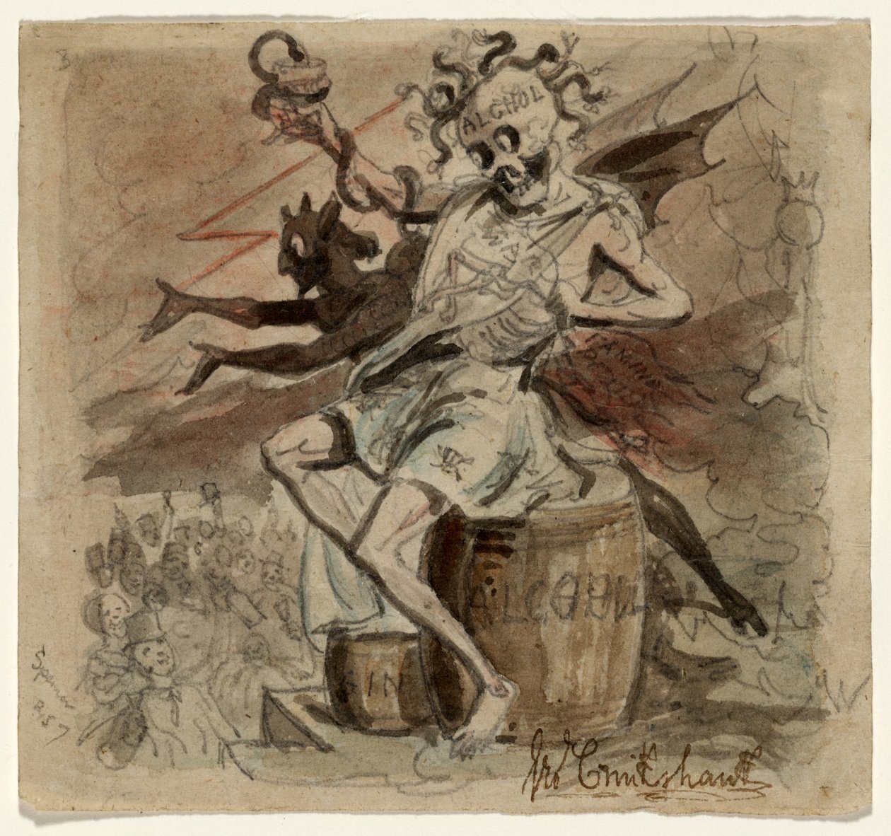 Alcohol, Death and the Devil, 1830 (wc på papir) av George Cruikshank
