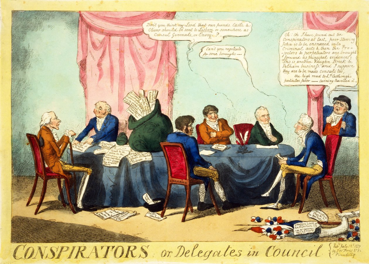 Konspiratører eller delegater i rådet, 1817 (håndfarget gravering) av George Cruikshank