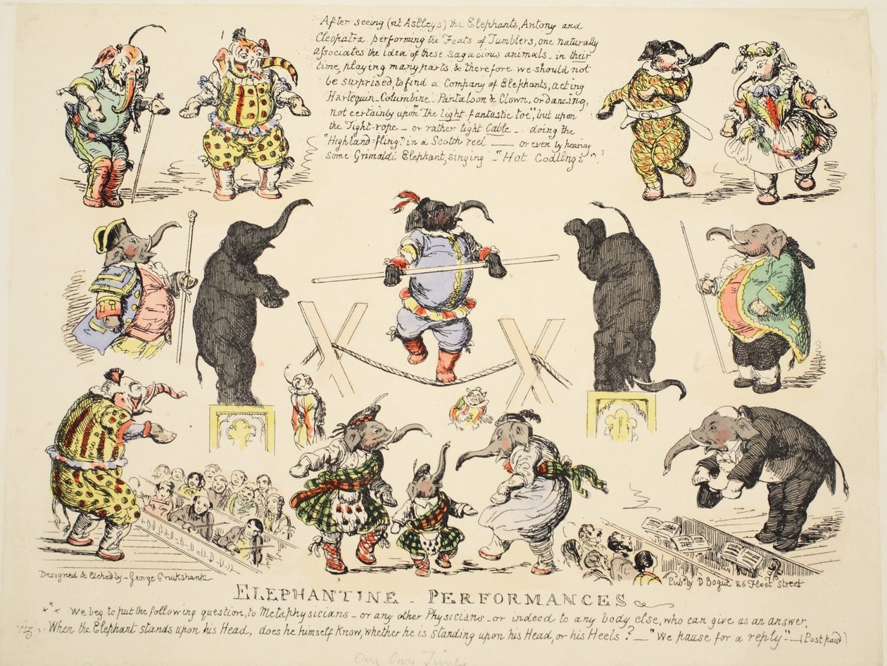 Elephantine Performances, pub. ca. 1854 (håndfarget etsning) av George Cruikshank