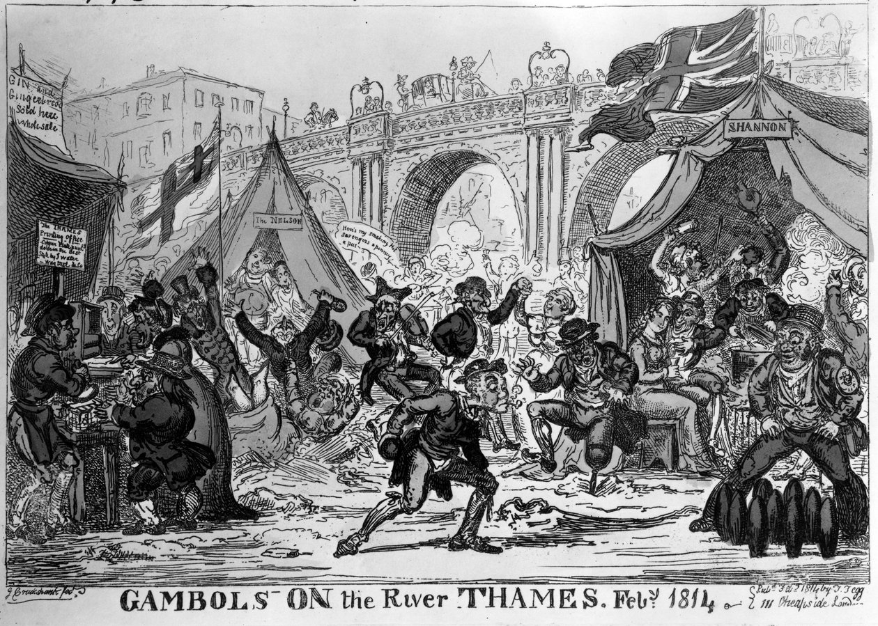 Gambols ved Themsen, 1814 (håndfarget etsning) av George Cruikshank