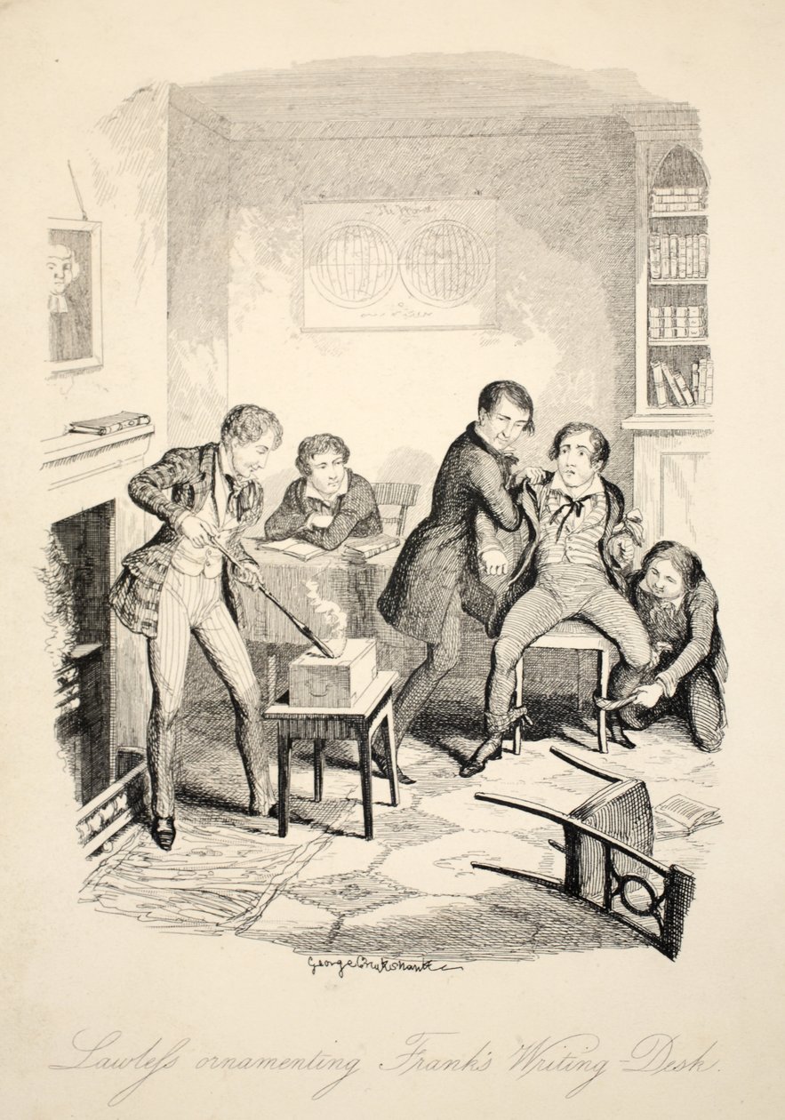 Lawleys ornamenting Franks skrivepulten , fra Frank Fairlegh eller scener fra livet av en privat Elev, pub. ca. 1870 av George Cruikshank