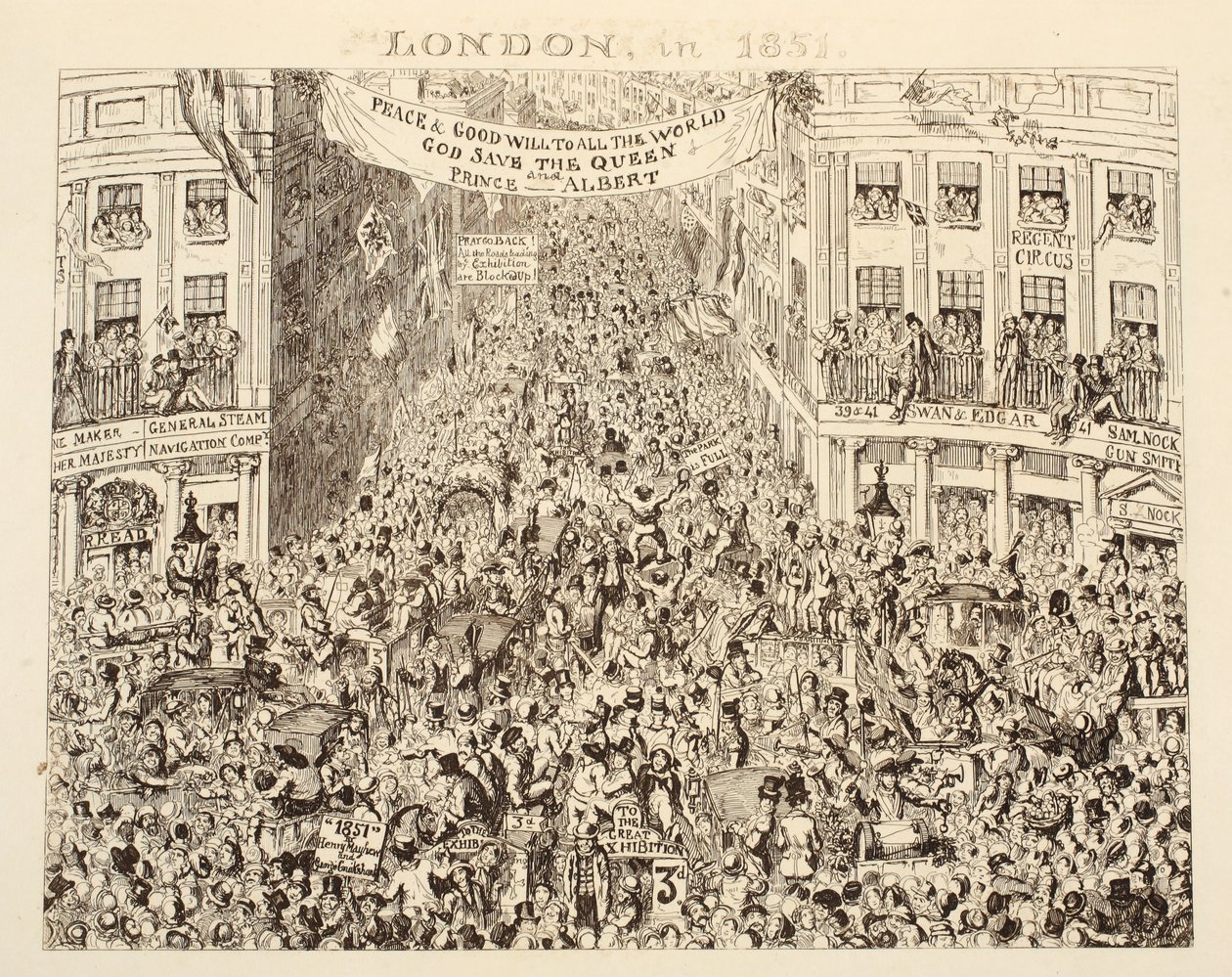 London i 1851, fra 1851 eller The Adventures of Mr & Mrs Sandboys og familie som kom opp til London for å kose seg og se den store utstillingen, pub. 1851 av George Cruikshank