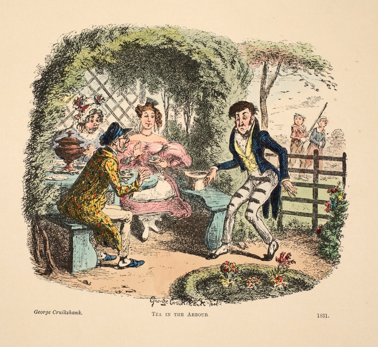 Te i Arbour, pub. 1831 (håndfarget gravering) av George Cruikshank