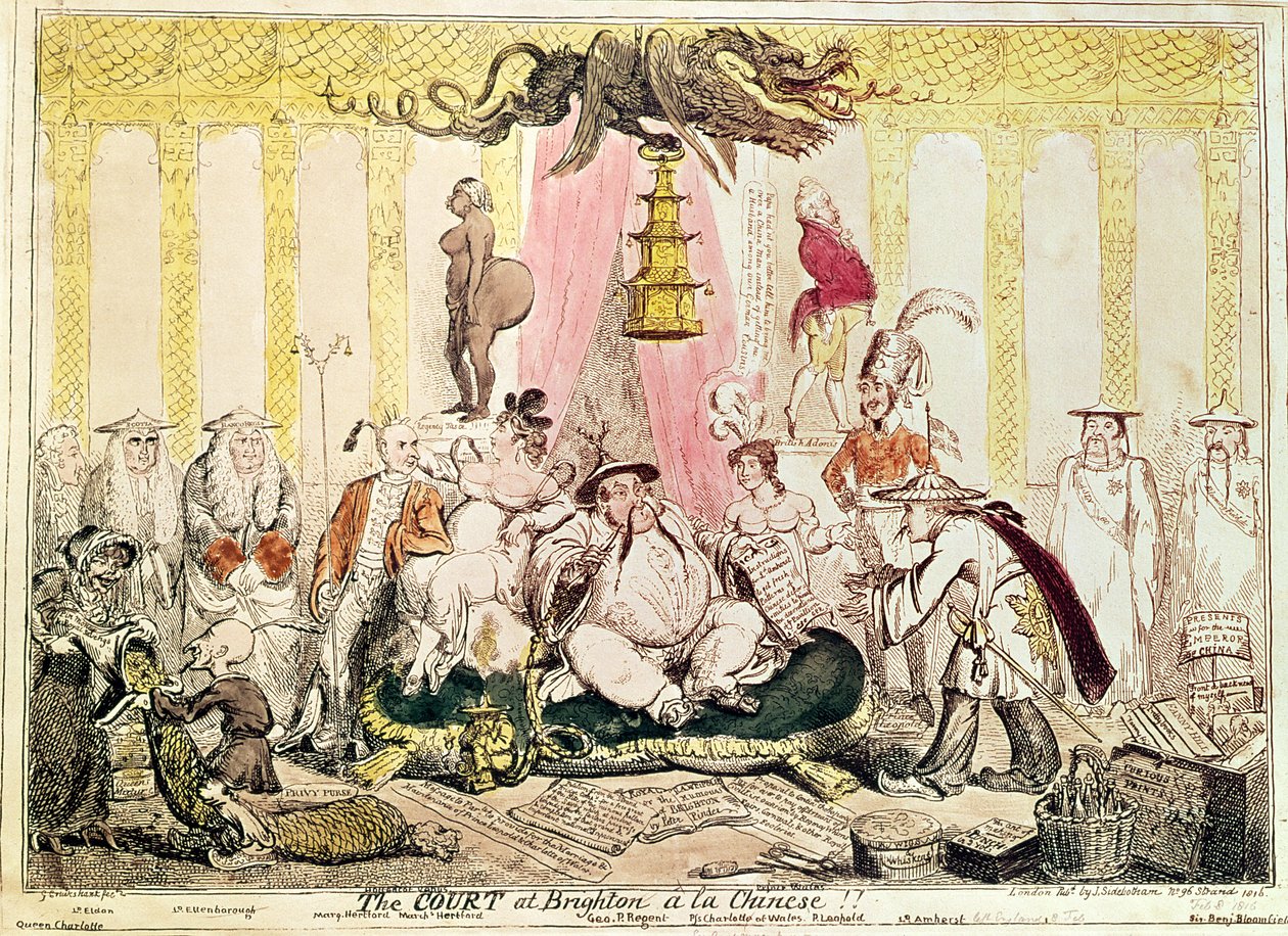 Retten i Brighton a la Chinese, 1816 (håndfarget gravering) av George Cruikshank